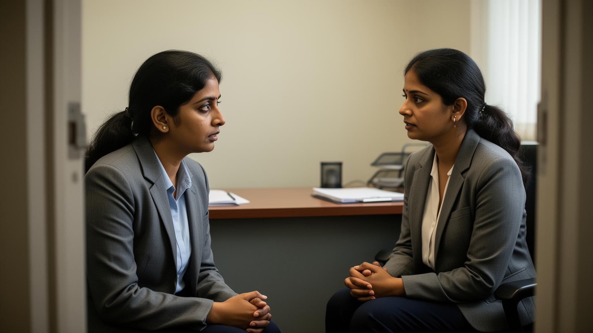 A confidential conversation between an employee and an HR counselor