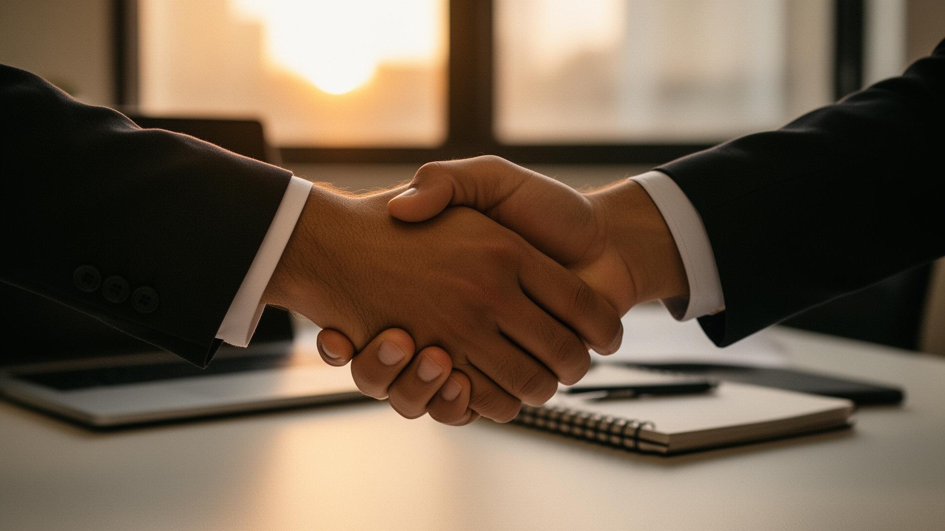 Two professionals shaking hands across a desk